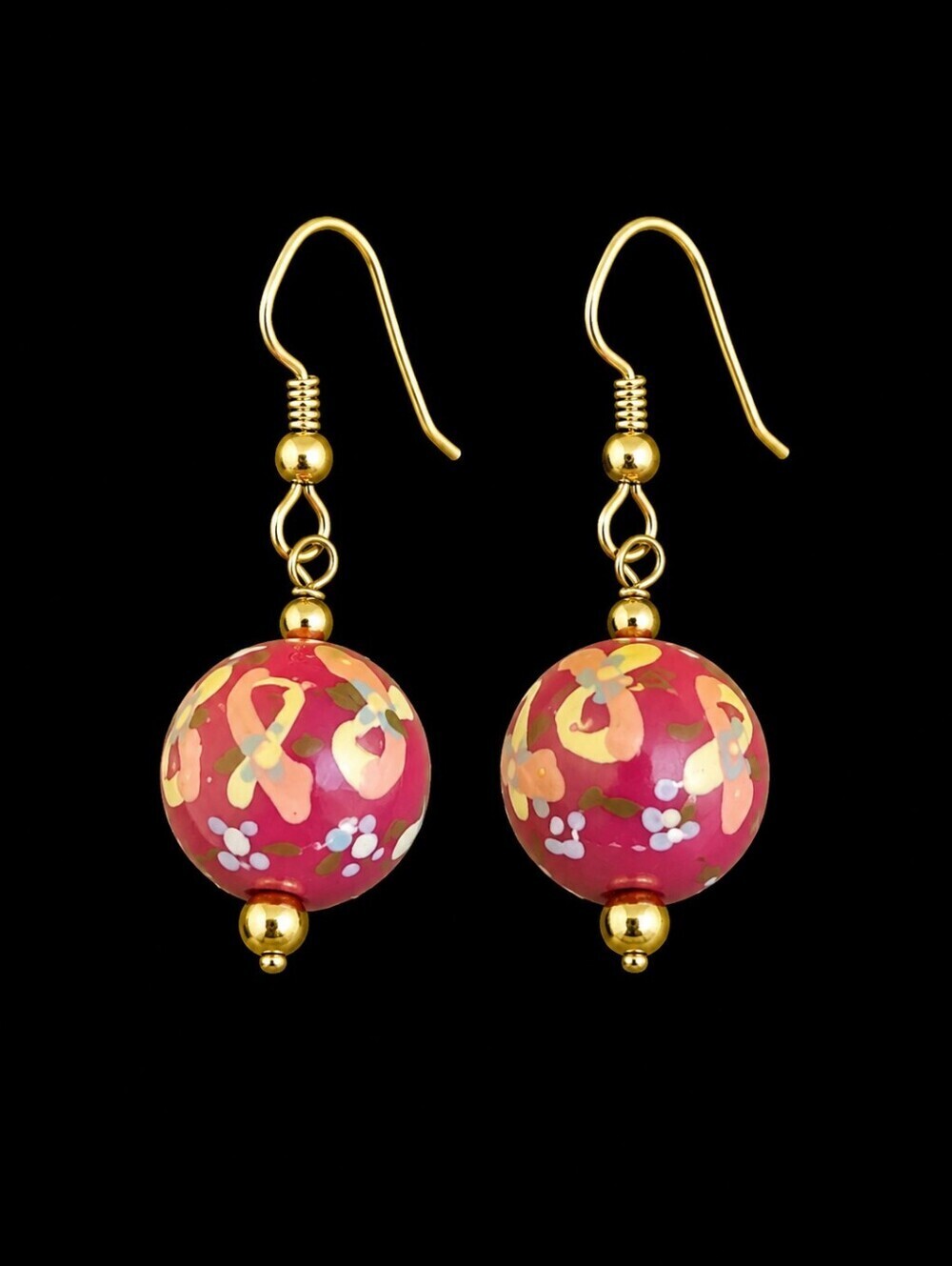 Handpainted Glass Bead Breast Cancer Awareness Dangle Hook Earrings